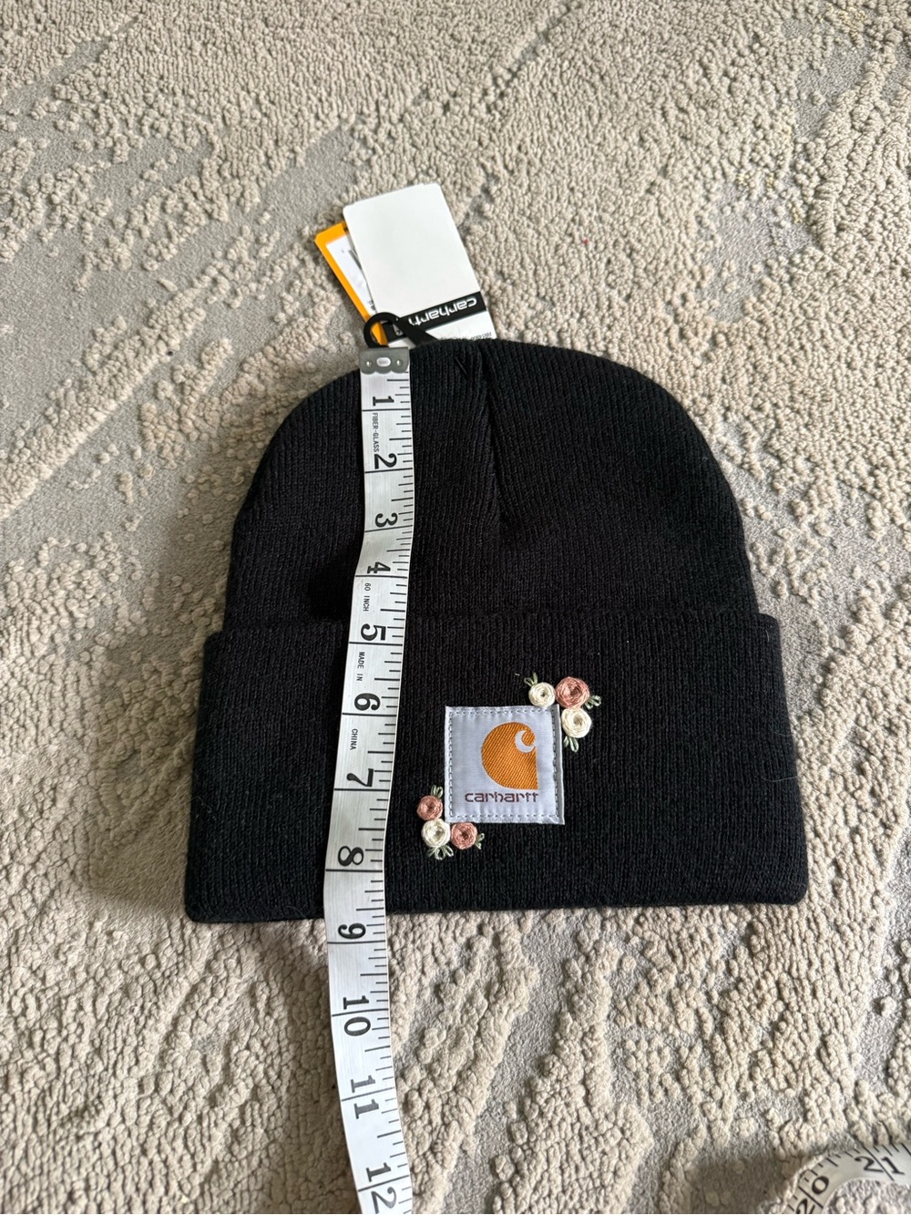 Carhartt Black Beanie hand Embroidered Floral Logo Patch one size new - Picture 7 of 7